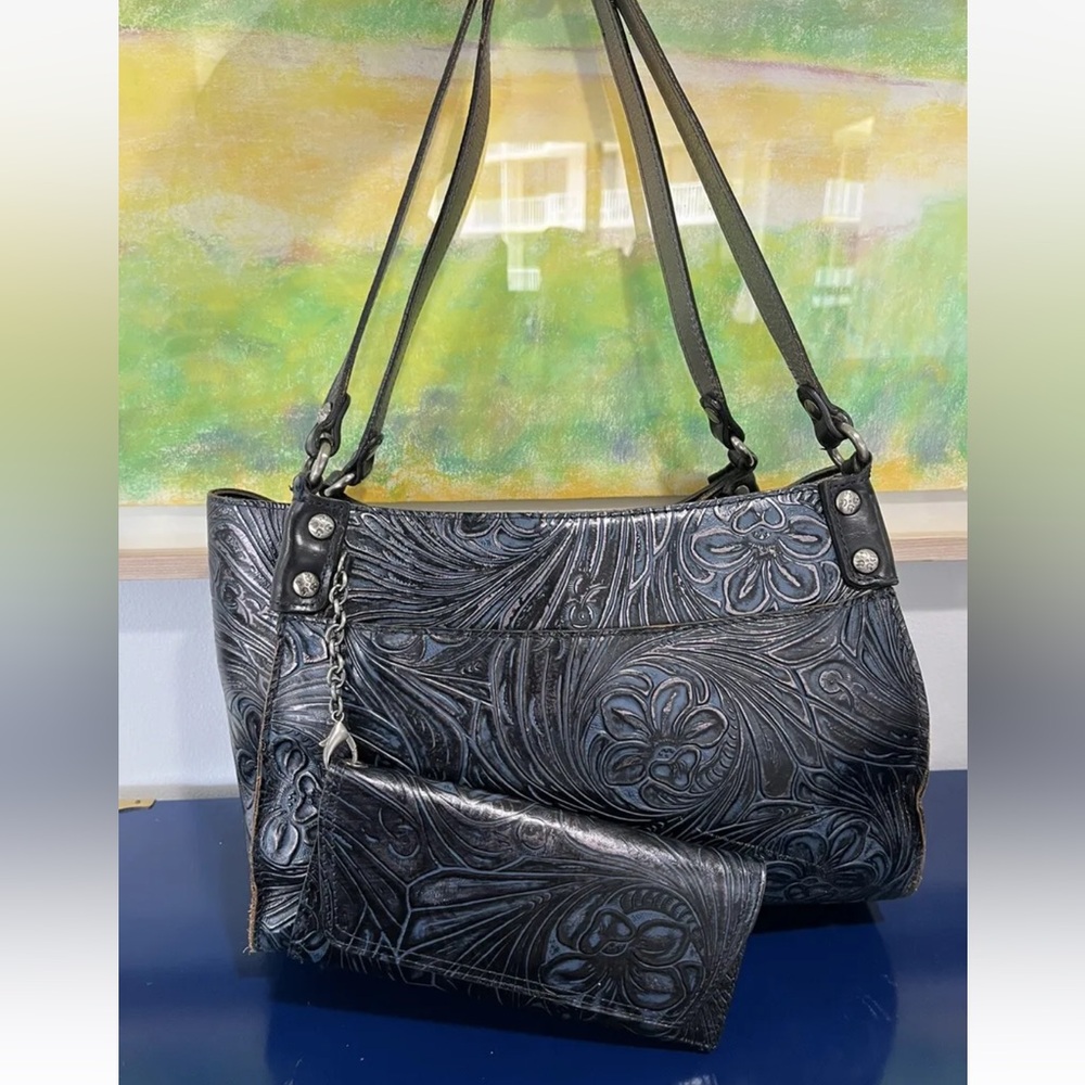 Patricia Nash Blue Floral Tooled Leather Shoulder Bag Satchel Purse w Wallet